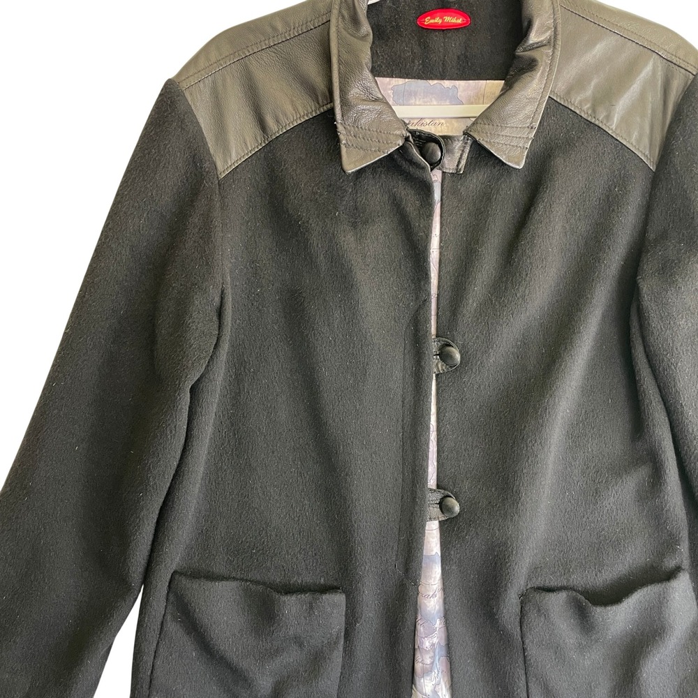 Emily Mihal Wool Blend Jacket Leather Trim Unique Lined Coat Size XL